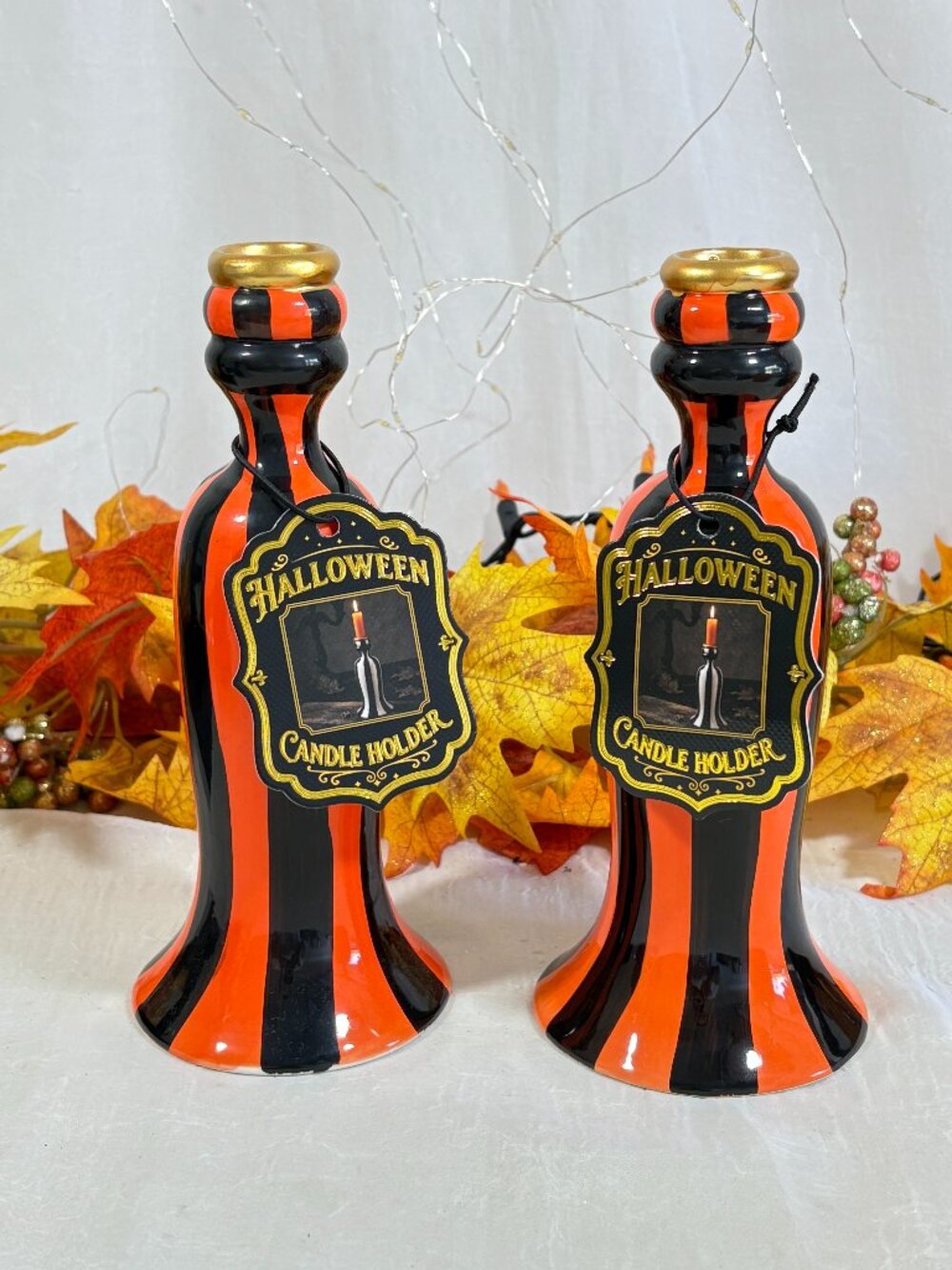 Black Orange Stripe Ceramic Mackenzie Style Halloween Candle Holders Pair Set 2